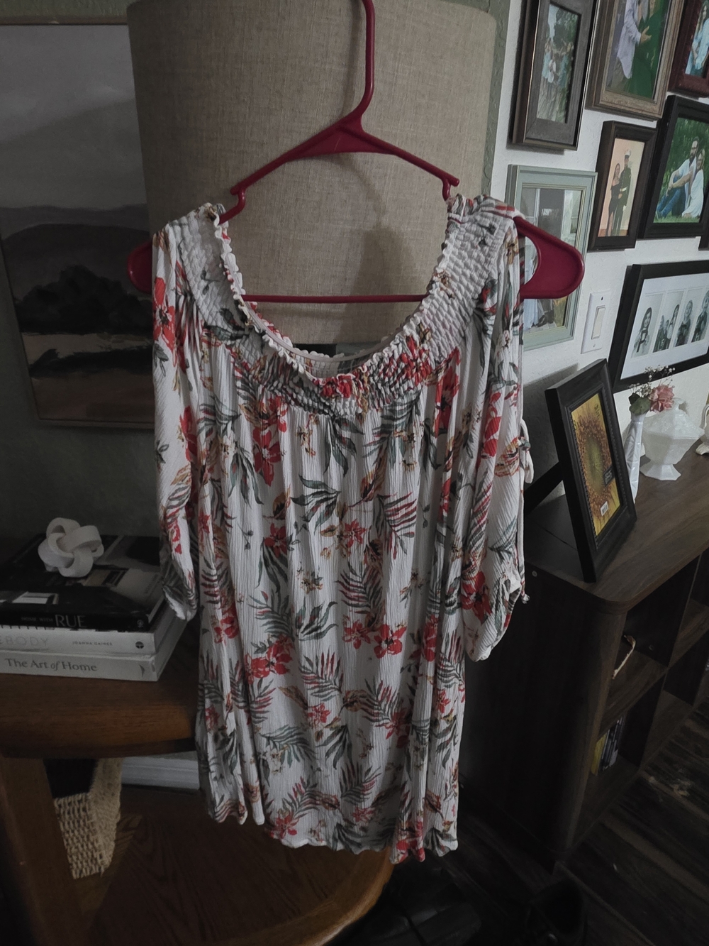 Smocked Off-Shoulder Midi Dress in White with Red & Green Floral